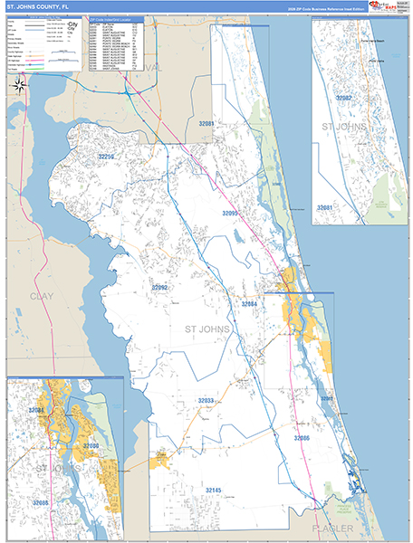 St. Johns County Wall Map Basic Style